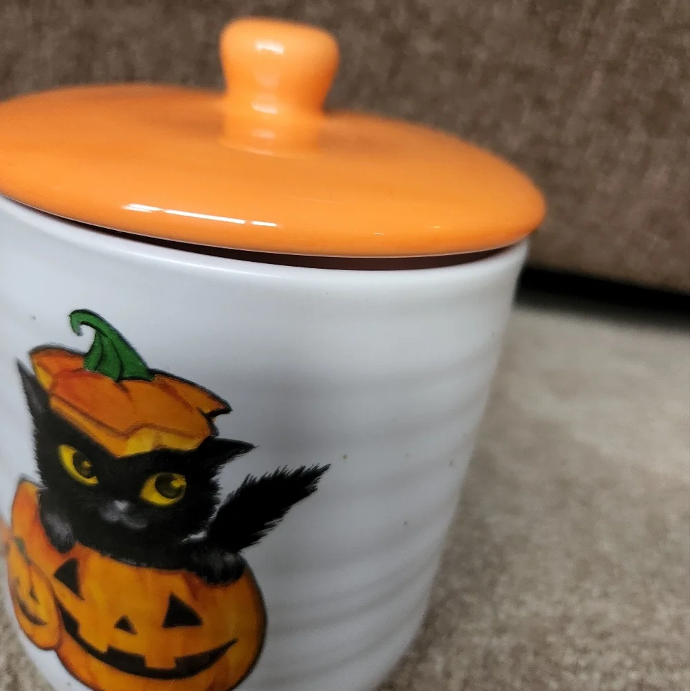Halloween black cat canister jar with lid cobwebs and cauldrons
